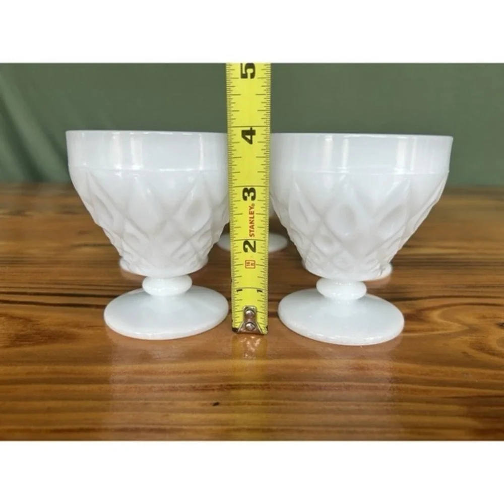 5-PC‎ Milk Glass Footed Drinking Goblet Cups Diamond Geometric 3D Design